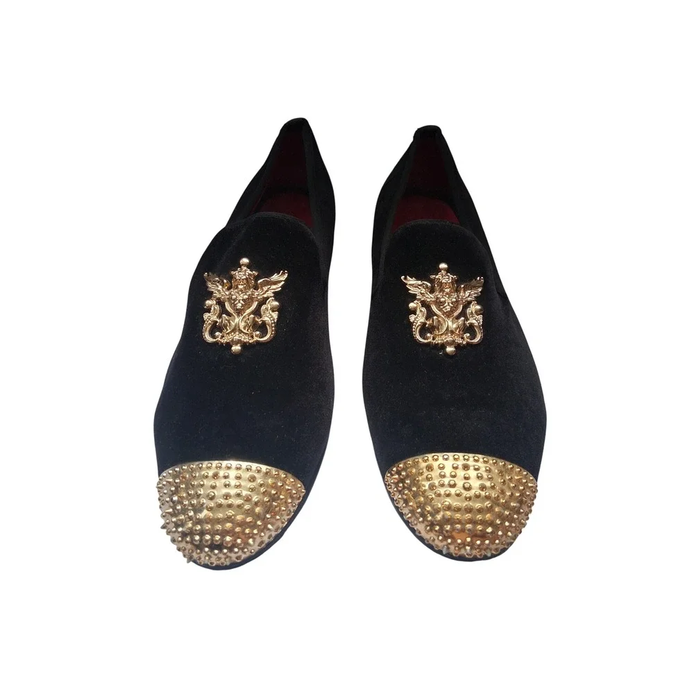 Jitai Mens Velvet Loafers Gold Studded Cap Toe Crest Black Dress Shoes 12.5